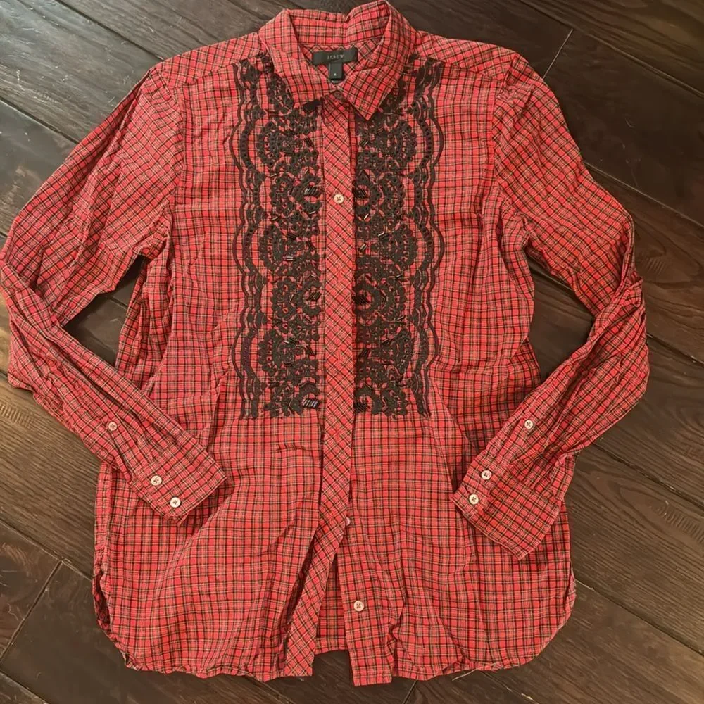 J.Crew Red Embellished Plaid Button Down